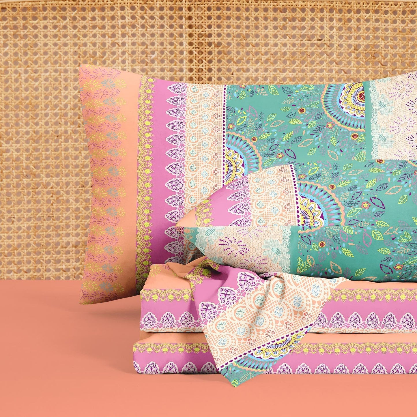 Wake In Cloud - Boho Bed Sheets, 4-Piece Sheet Set, Bohemian Chic Medallion Colorful Hippie Aesthetic Bedding, Deep Pocket, Orange Green, King Size