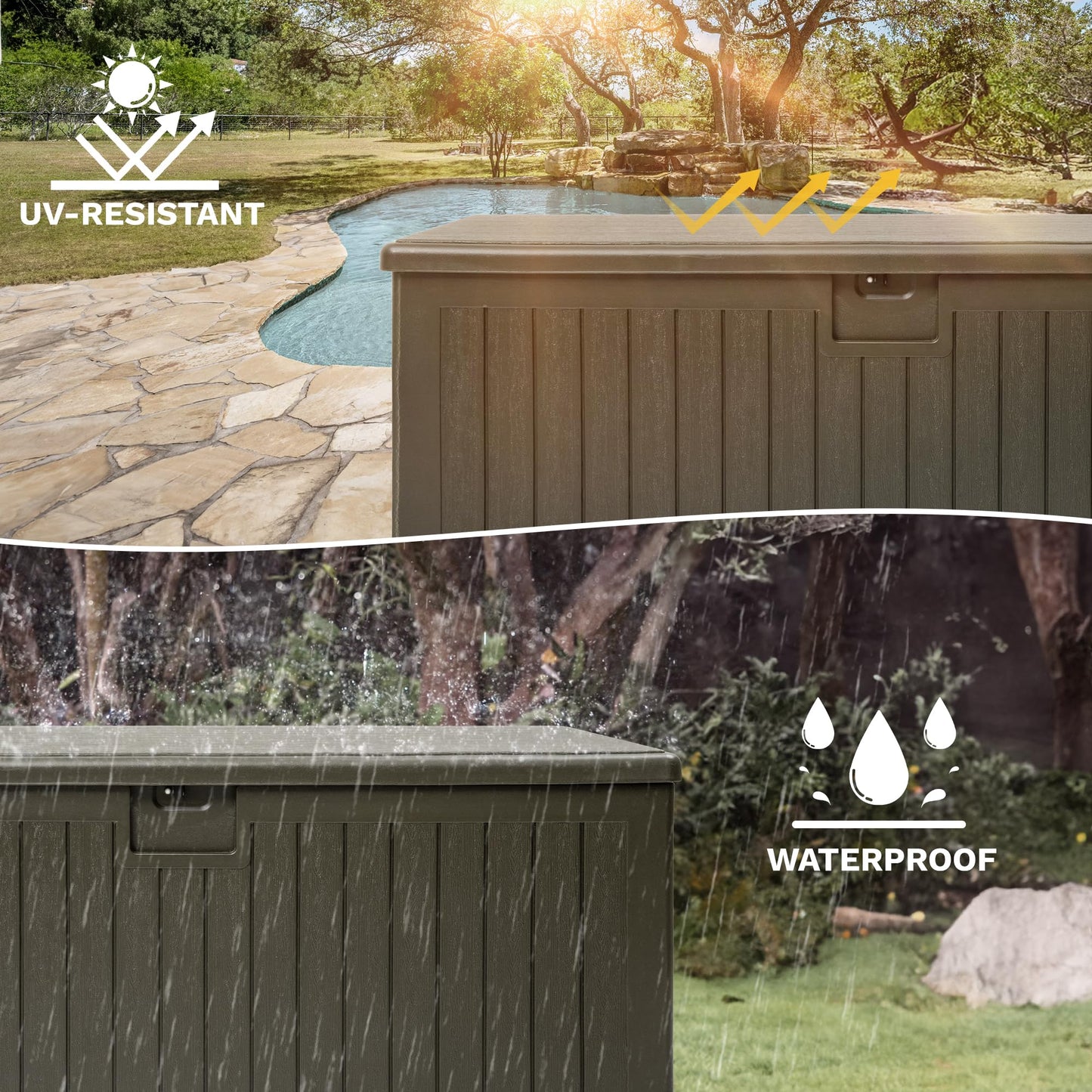 DWVO 230 Gallon Resin Outdoor Storage Box, XXL Double-Wall Waterproof Deck Box with Divider, Doubles as Table or Seating with 1000 lbs Capacity, Lockable (Light Brown)