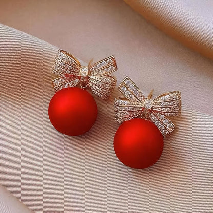 ecozran Sparkling Red Bow Earrings for Women Teardrop Jewelry Gifts Rhinestone Chain Tassel Earring Christmas Gifts（Red-Q）