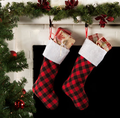 DII Decorative Christmas Family Stocking Set Holiday Décor with Hanging Loop, 20x7, Farmhouse Buffalo Check, Red & Black, 2 Piece