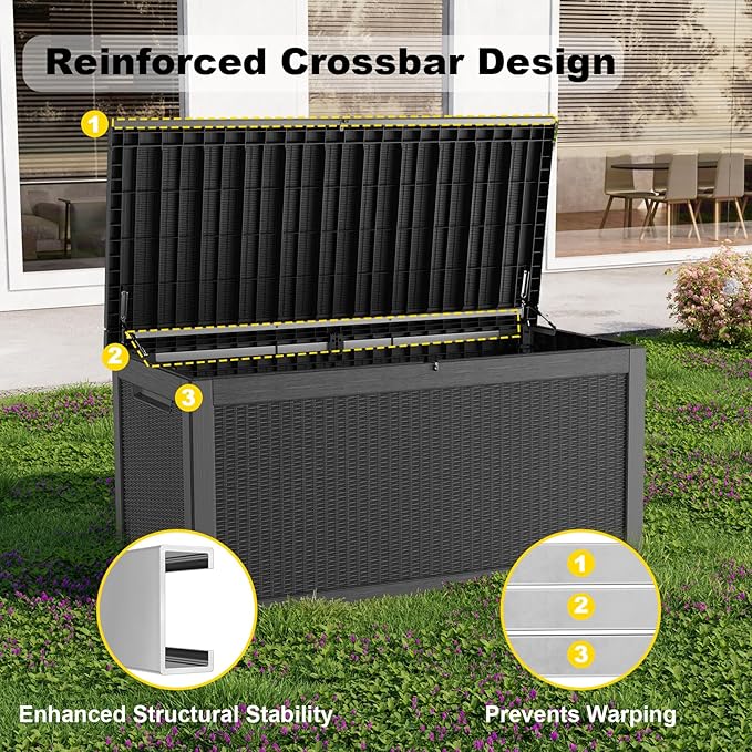 320 Gallon Resin Deck Box, Lockable Weatherproof Outdoor Storage Box for Furniture, Garden Tools and Tools Storage, Waterproof Outside Storage Boxes - Black