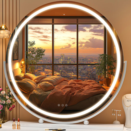 Hasipu Vanity Mirror with Lights, 23.6" LED Large Makeup Mirror, Lighted Makeup Mirror with Lights, Smart Touch Control 3 Colors Dimmable Round Mirror 360°Rotation White