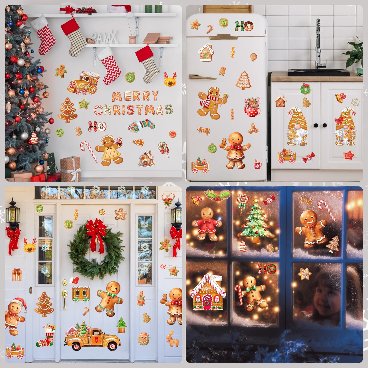 Christmas Gingerbread Wall Stickers Decoration 12 Sheets, Christmas Wall Decals Holiday Gingerbread Decor, Winter Candy Vinyl Stickers for Living Room Bedroom Home Office Decor