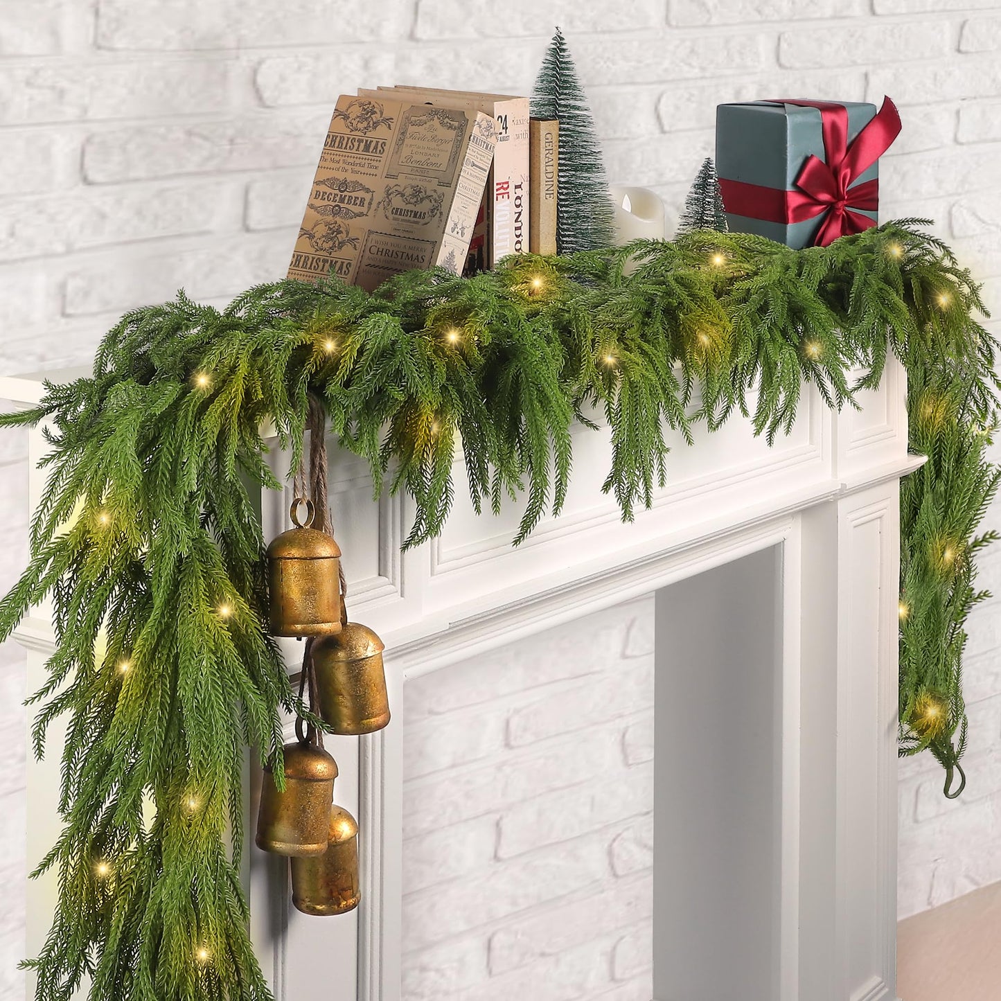 Fovths 1 Pack 9 Feet Christmas Norfolk Garlands Set Artificial Faux Greenery Garland 4 Cow Bell with Jute Hanging Rope Light String Winter Pine Garland for Xmas Indoor Holiday Decor, Green