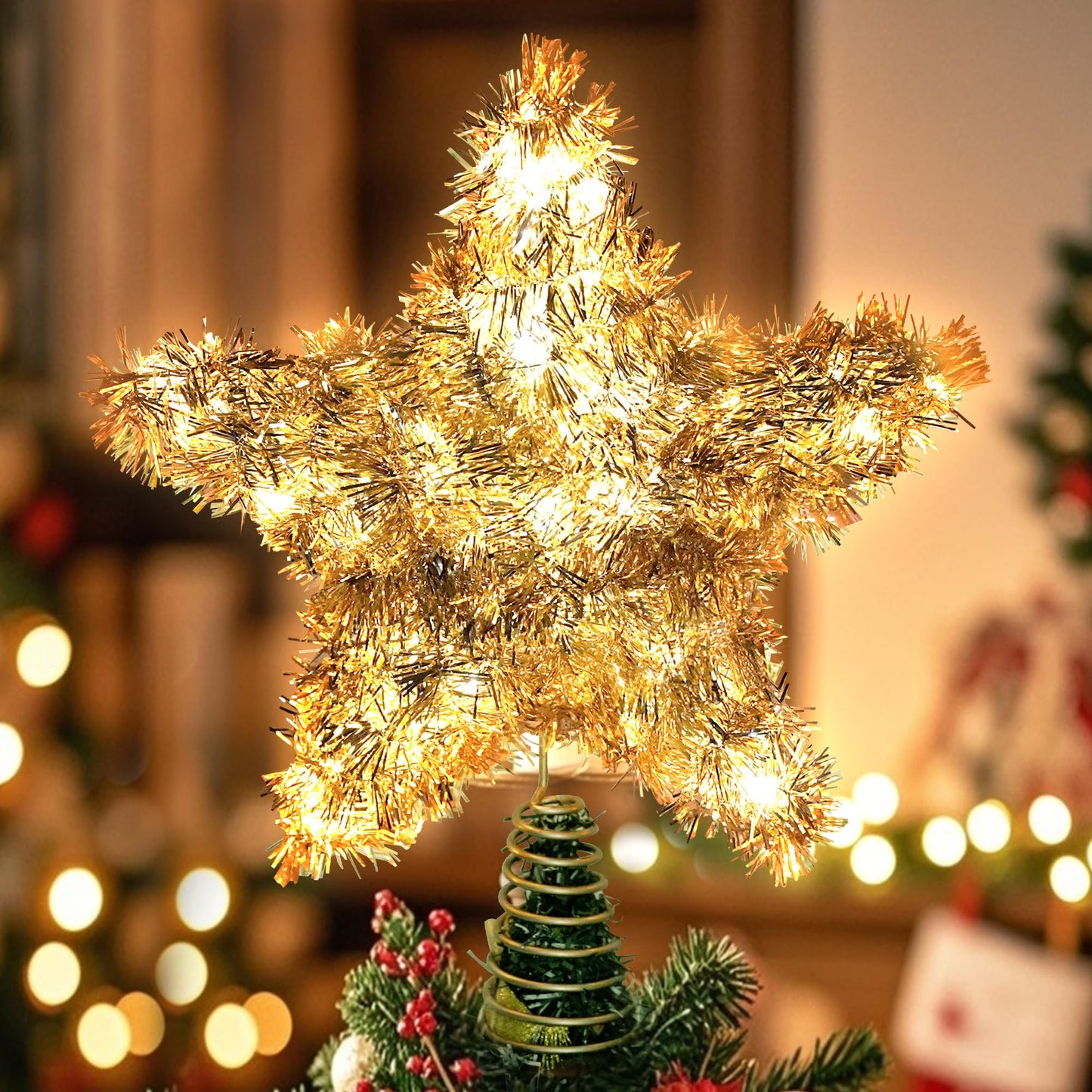 Joytry Christmas Tree Topper Star Shiny Gold Tinsel Star Tree Topper 10 Inch Lighted Tree Topper Battery Operated Christmas Tree Decoration for Holiday Indoor Decoration Warm White Light