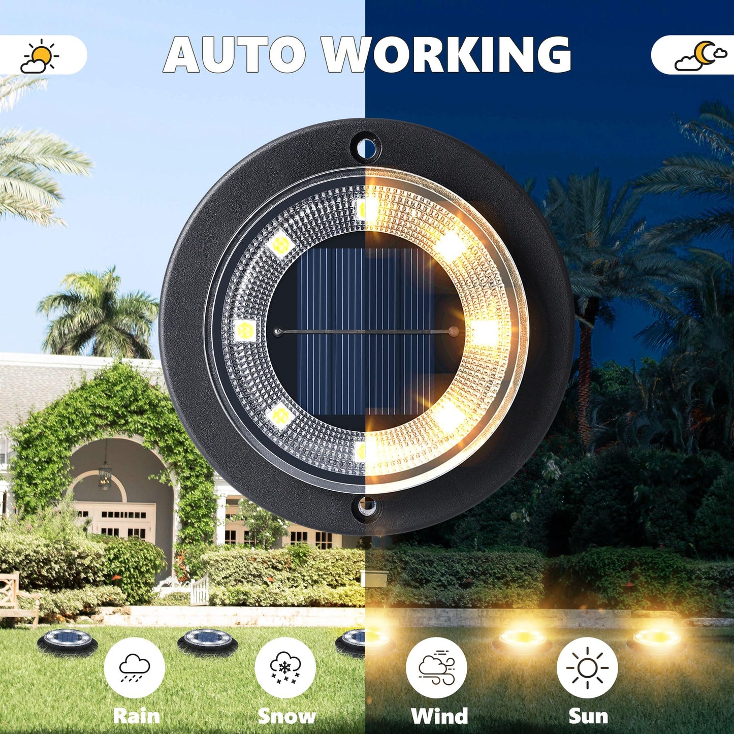 Flacchi Solar Lights Outdoor Waterproof - 2-in-1 Solar Powered Ground Lights Outdoor Solar Disk Light Landscape Light for Deck Step Patio Yard Pathway Walkway Driveway Garden (Warm White, 12 Pack)