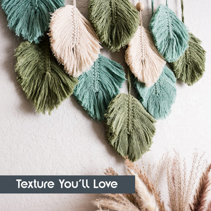 SnugLife Macrame Wall Hanging Leaves - Large Chic Feather Boho Decor, Handmade Yarn Woven Art Leaf Tapestry for Nursery, Bedroom, Living Room, 17 X 22 Inch (Green, Sage Green & Beige)