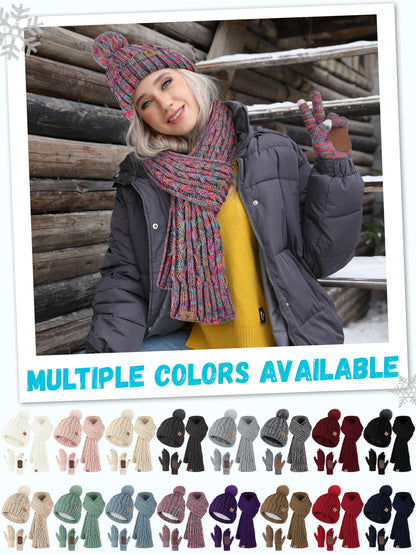 Winter Hat Scarf Gloves Set,Fleece Lined Pom Pom Beanie Hat Warm Knit Long Scarf Touchscreen Gloves Winter Gifts for Women