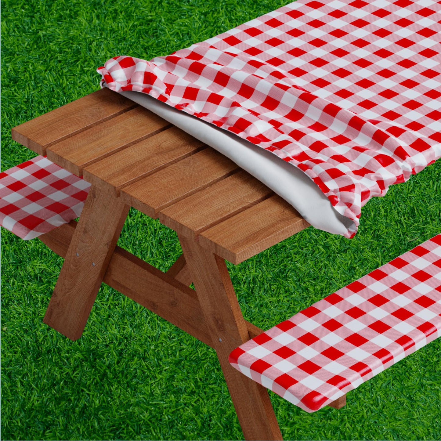 Sorfey Picnic Table Cover with Bench Covers -Fitted with Elastic, Vinyl with Flannel Back, Fits for Table 28"x 72" Rectangle,Water Proof, Checked Red Design