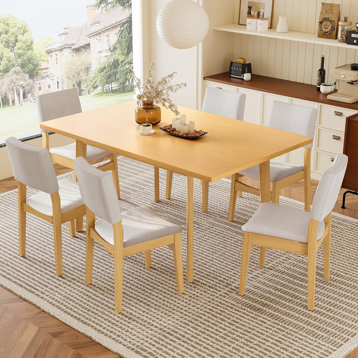 Merax 60" Rustic Farmhouse Dining Table, Minimalist Modern Solid Wood Frame Dining Table for Kitchen, Living Room, Natural