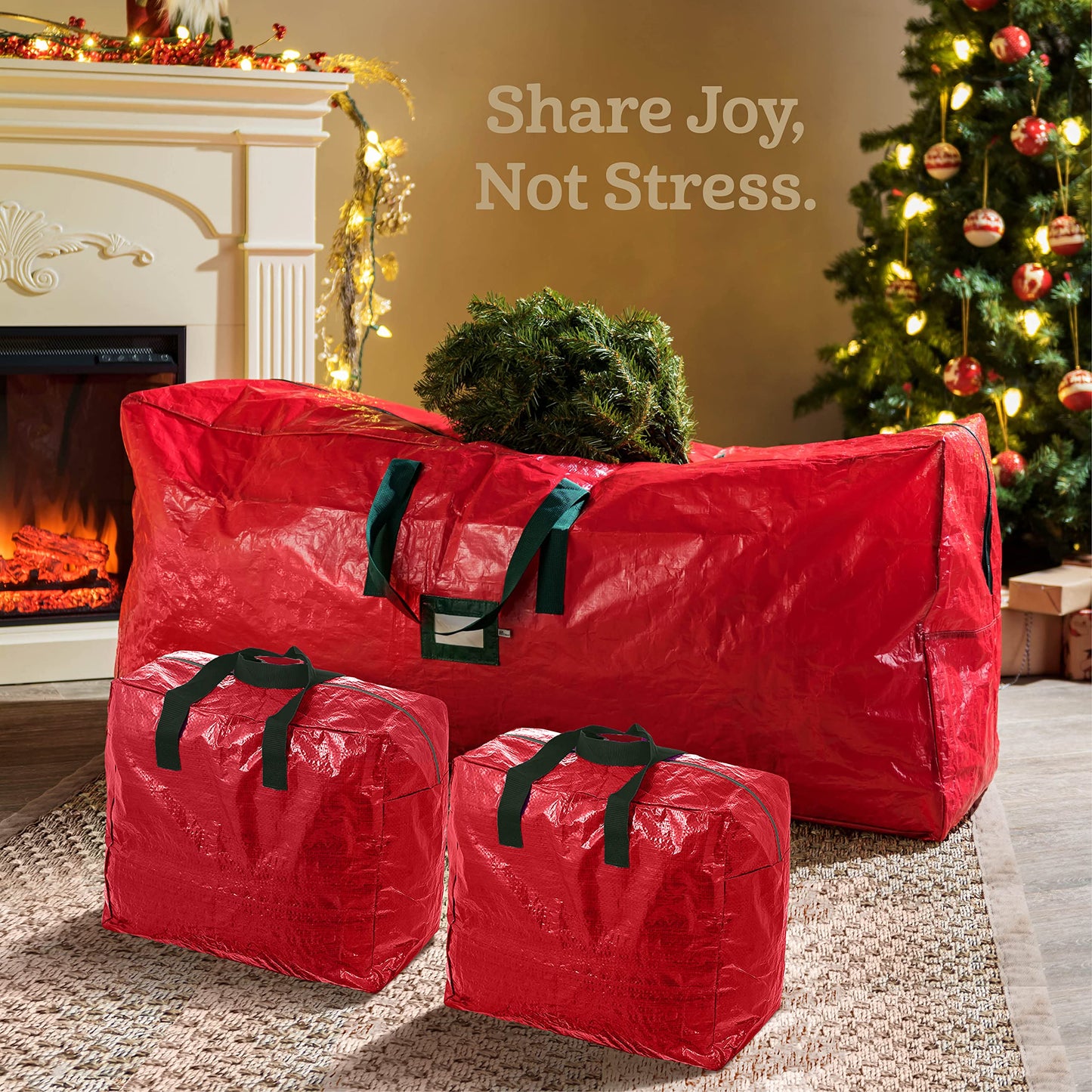 ZOBER Christmas Tree Storage Bag - With 2 Ornaments Accessories/Garland Bags - Fits 7.5 Ft Trees - Plastic, Waterproof Christmas Tree Bag For Storage Box For Xmas - Strong, Durable Handles - Red