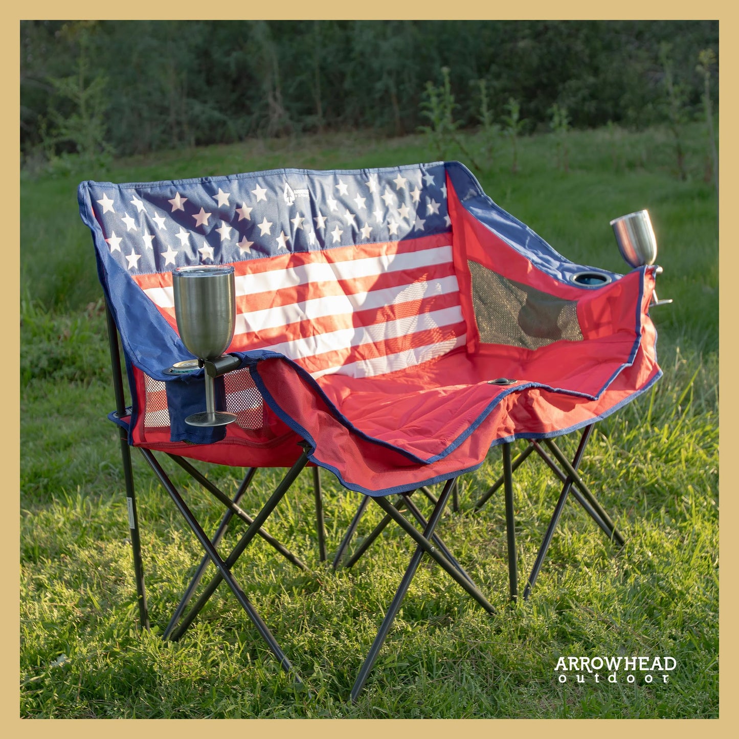 ARROWHEAD OUTDOOR 2-Pack Portable Folding Double Duo Camping Chair Loveseat w/ 2 Cup & Wine Glass Holder, Carrying Bag, Supports up to 650lbs