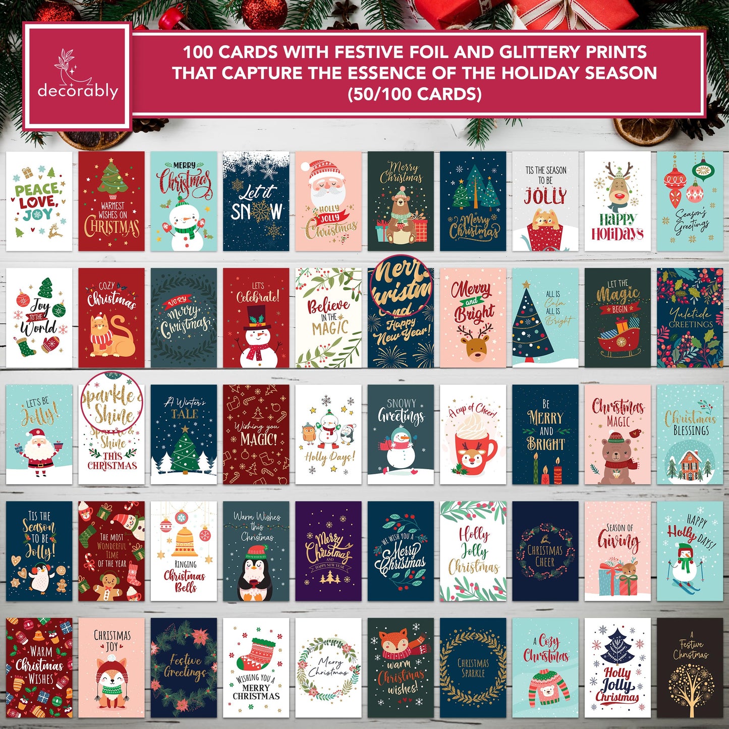 Decorably 100 Pack Foiled & Glittery Boxed 6x4in Assorted Christmas Cards with Envelopes and Stickers, 100 Unique Holiday Designs Seasons Greetings for Loved Ones, Printed Message - Gifting, Mailing