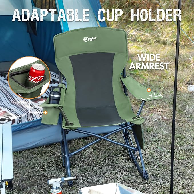 Portal Outdoor Rocking Chair Camping Folding Portable Rocker with Cup Holder Side Pocket Carry Bag, Support 350LBS (Green)