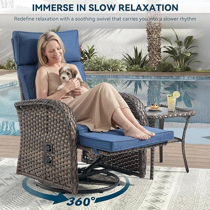 3 Pieces Zero Gravity Patio Swivel Rocking Recliner Chairs Set of 2 - Wicker Outdoor Lounge Chair with Side Table, Adjustable Backrest & Footrest, High Back Outdoor Recliner Chair for Pool Deck Blue