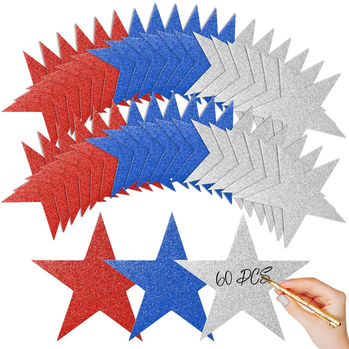 60 Pcs Patriotic Star Cutouts Double Printed Paper Star Confetti Cutouts for 4th of July Decoration Bulletin Board Classroom Wall Decoration,6 Inches (Red, Blue, Silver)