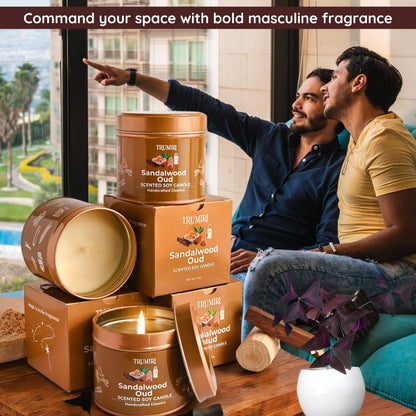 Sandalwood Oud - Scented Candles for Men - Pack of 3 x 5oz Natural Soy Clean Organic Non Toxic - Masculine Scent Gifts - Candel for Home Bedroom Bathroom Apartment Room Décor - New House Essentials