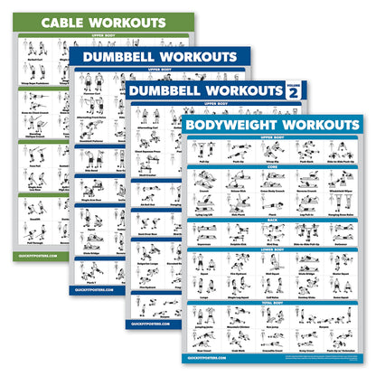 Palace Learning 4 Pack - Cable Machine Workouts + Dumbbell Workouts Vol 1 & 2 + Bodyweight Exercises - Set of 4 Workout Charts (LAMINATED, 18” x 24”)