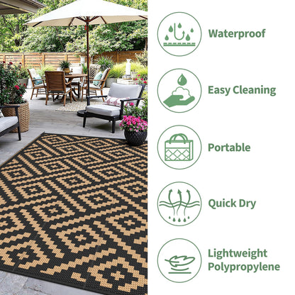 sarben Outdoor Rug for Patio - Waterproof Plastic Straw Camping Rugs 8x16 ft, Reversible Outdoor Indoor RV Mat Carpet for Patio, Porch, Deck, Balcony, Picnic, Beach, Black Brown