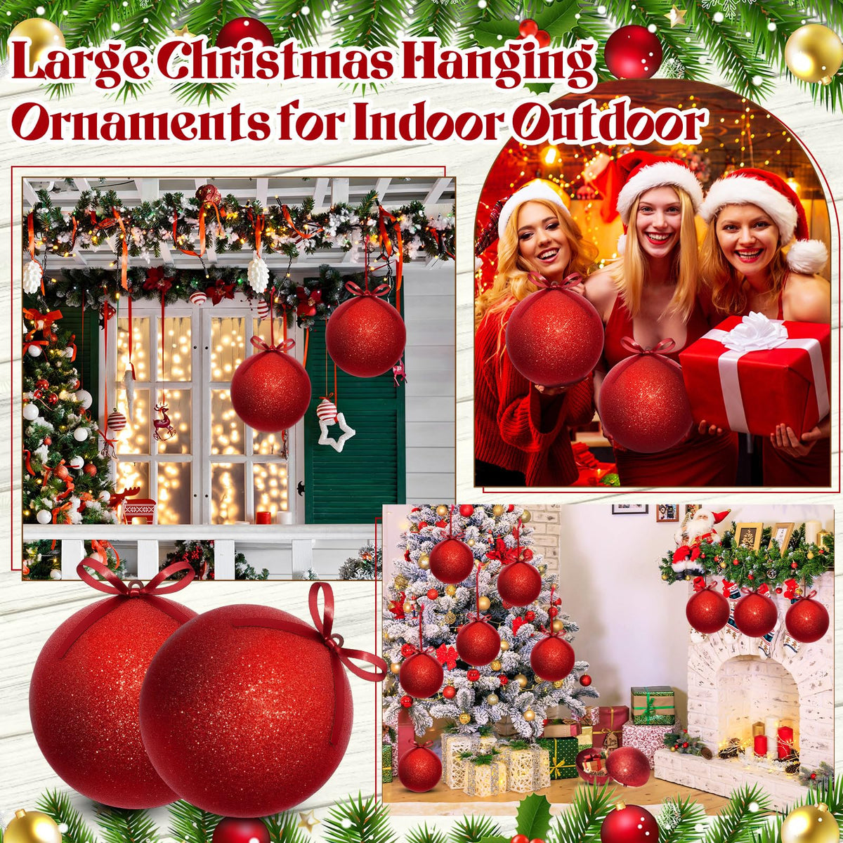 Zubebe 2 Pcs 8" Giant Fillable Christmas Ornaments with Ribbons Oversized Plastic Xmas Balls for Outdoor Lawn Yard Decor, Tree Hanging, Holiday Gifts(Glitter Red)
