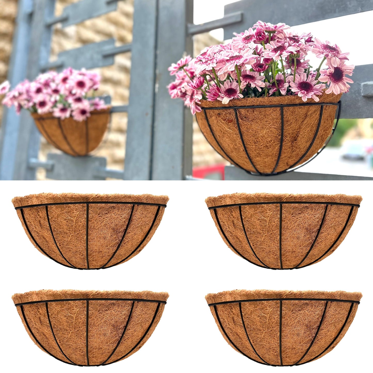 LaLaGreen Wall Planter Outdoor, 4 Pack, 14 Inch Large Wall Hanging Flower Basket with Coco Liner, Vertical Living Wall Mounted Wire Pot Outside Fence Railing Plant Pots Holder Deck Porch Balcony Patio