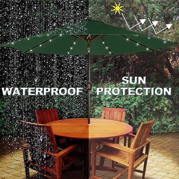 Blissun 9 ft Solar Umbrella, 32 LED Lighted Patio Umbrella, Table Market Umbrella, Outdoor Umbrella for Garden, Deck, Backyard, Pool and Beach (Dark Green)