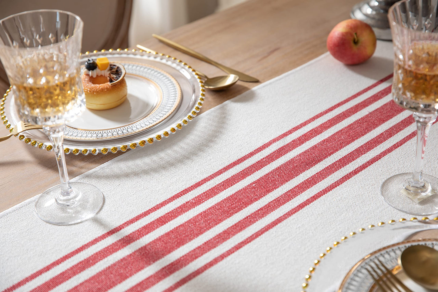 Christmas Table Runner 13 x 72 Inch for Dining Table, Boho décor Coffee Table Runner with Handcrafted Tassels, red and Beige Stripe Table Runner for Holiday, Winter