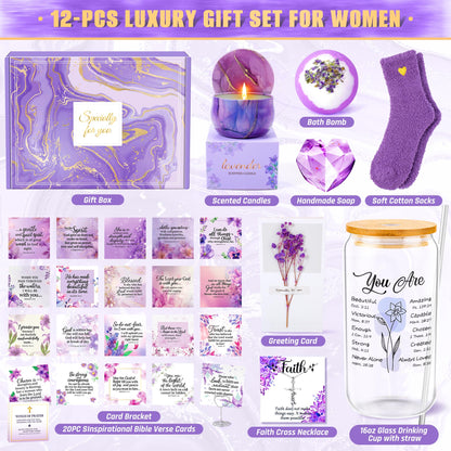 12PCS Christian Gifts For Women Faith - Inspirational Religious Birthday Gifts, Purple Spiritual Baptism Baskets For Mom, Grandma, Wife, Mothers, Friend, Sister,Catholic&Encouragement Birthday Gift