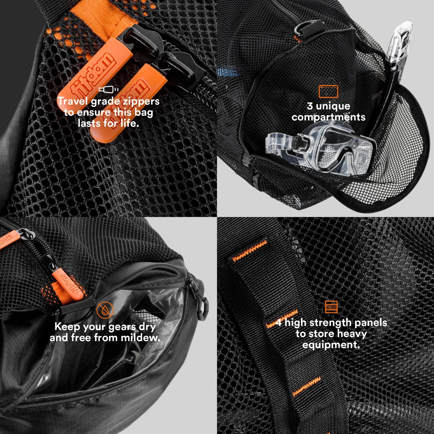 Fitdom 90L Large Mesh Duffle Bag for Scuba Dive or Snorkel Equipment. Best for Water Sports & Beach Activities like Swimming, Diving & Snorkeling. Perfect for Travel, Storage Swim Gym Gears & Balls