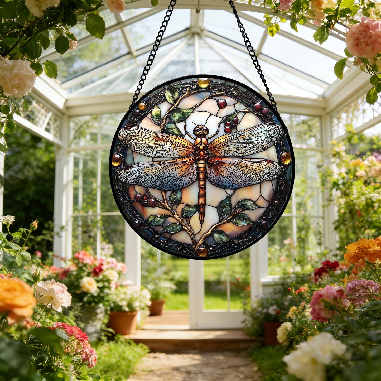 DASTOLL Stained Glass Window Hanging - Dragonfly Plant Suncatcher Ready to Hang Window Doors Home Decoration, Christmas, Mother's Day Birthday Gifts for Women, Men, and Mom11.8x11.8 in
