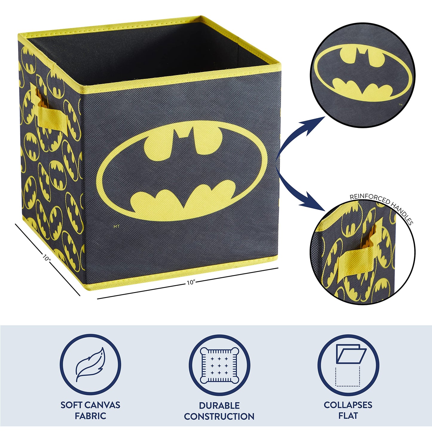 Batman Collapsible Storage Cubes – Set of 2 Foldable Fabric Bins for Kids – Organizer Boxes with Iconic Logo – Closet & Toy Storage – Black Superhero Cube Containers