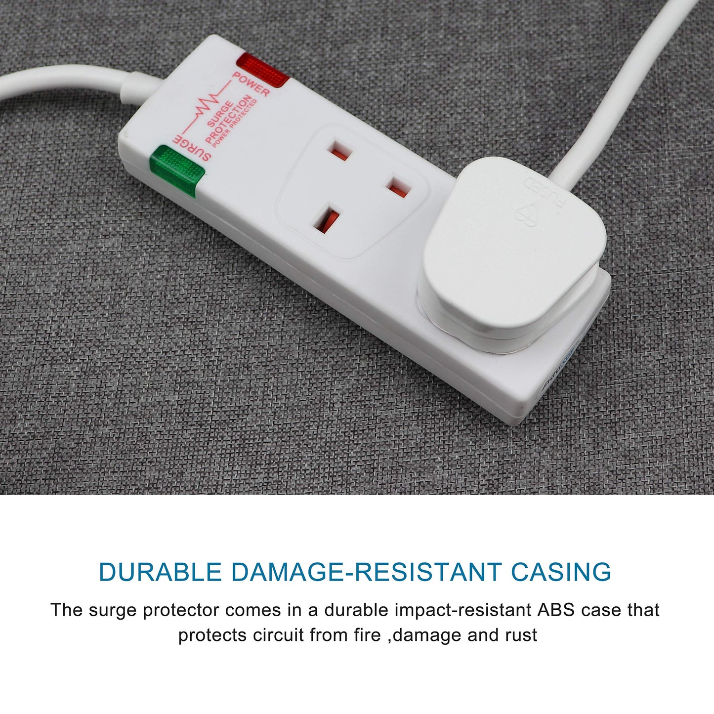 ExtraStar 2 Way Double Socket Power Mains Extension Lead 1M Metre Cable - Surge Protected British Approved 13A - White