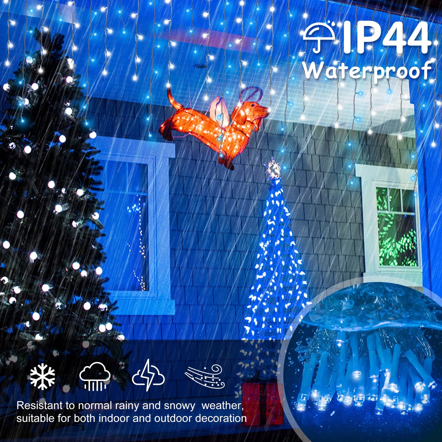 oopswow Icicle Lights Outdoor Decorations 300 LED 33ft 8 Modes Curtain Fairy String Light with 50 Drops, LED String Light Indoor for Wedding Party Holiday Christmas Decorations,Blue+White