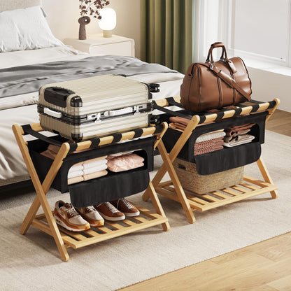 Full Assembled 26.77"L Luggage Rack for Guest Room, Set of 2 Foldable Suitcase Stand with 5 Nylon Straps & Cloth Bag, Luggage Stand Holder with Shoe Shelf for Suitcases Hotel (Natural Wood Bamboo)