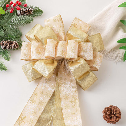Christmas Tree Topper, 40x13 Inches Toppers Bow with Glitter Satin Mesh Streamer and Patterned Ribbon, Christmas Tree Topper Bow for Christmas Home Decoration (Gold)