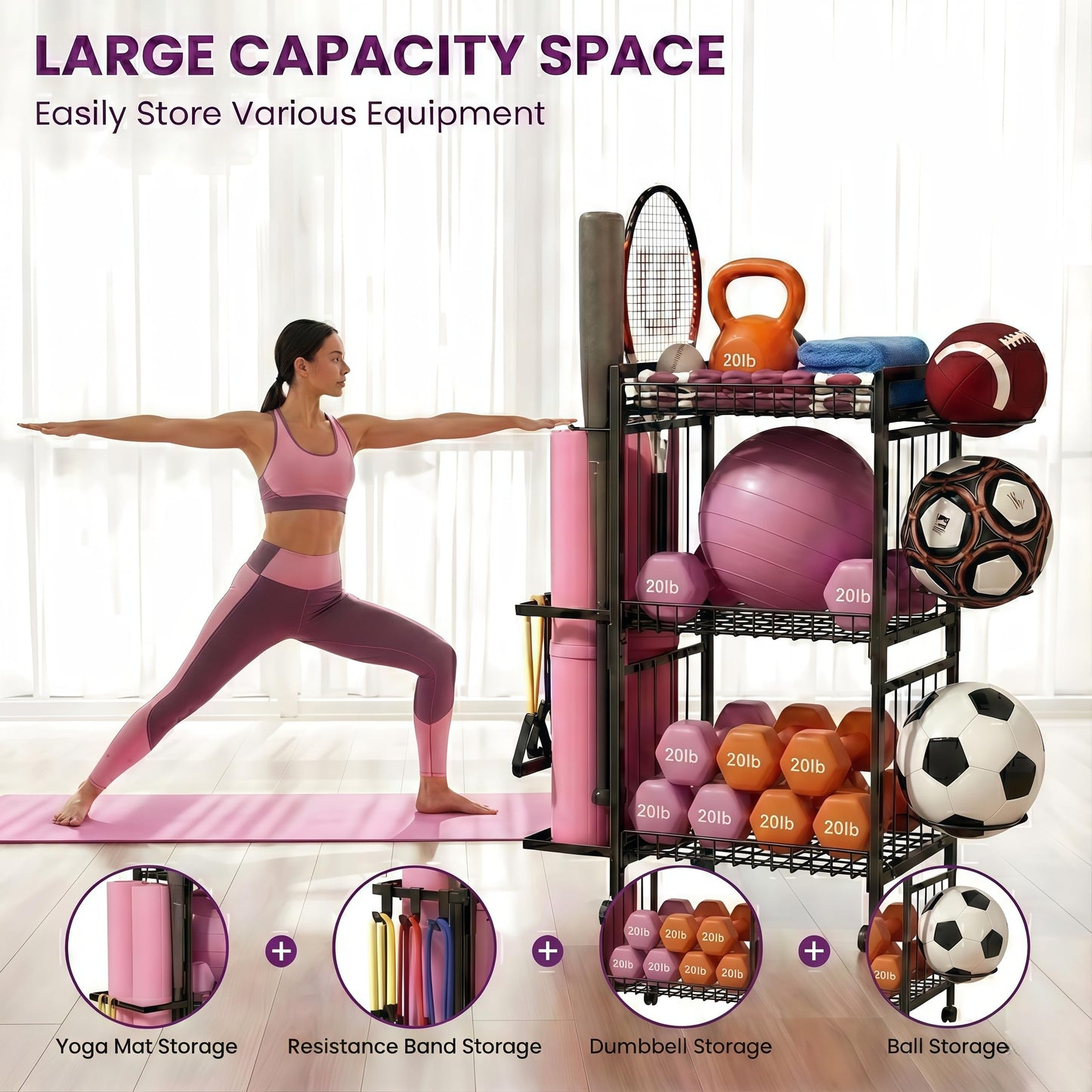 ULAIHOMN 3-Tier Home Gym Storage Rack with Ball Holder & Side Basket Heavy Duty Vertical Workout Equipment Organizer for Yoga Mats with Lockable Wheels