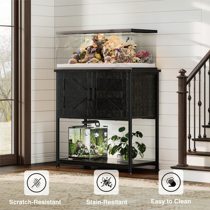 Hylemoros 20/29/30 Gallon Fish Tank Stand with Storage Cabinet Farmhouse Wood Aquarium Stand for Fish Reptile Heavy Duty Terrarium Stand for Living Room Entry Way Hallway Black