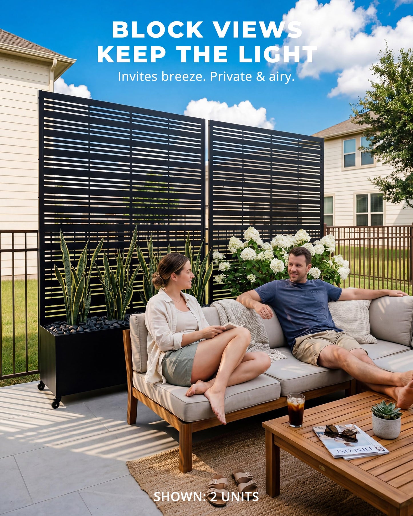 TinFrey Metal Raised Garden Bed with Trellis, 73"×47"×16" Privacy Screen Planter Box on Wheels — 61 lbs Won't Blow Over, Rust-Proof Louvered Design for Climbing Plants, Patio, Deck, Balcony - Black