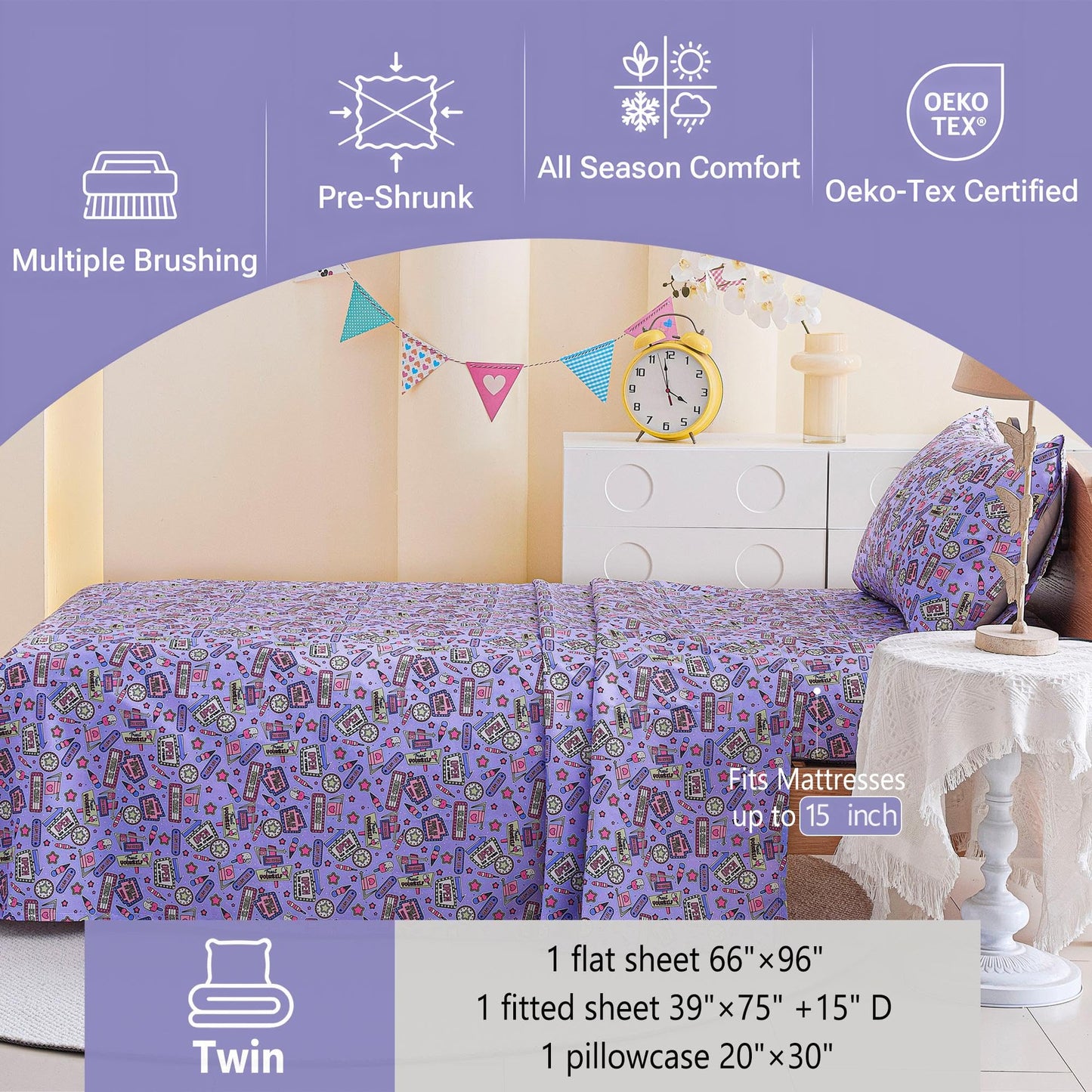Softan Kids Bed Sheet Set, 3-Piece Twin Sheets Set, Microfiber Fitted Sheet with 15 Inches Deep Pocket and Corner Straps, Breathable & Silky Soft Cool Girl Printed Sheet and Pillowcase Sets