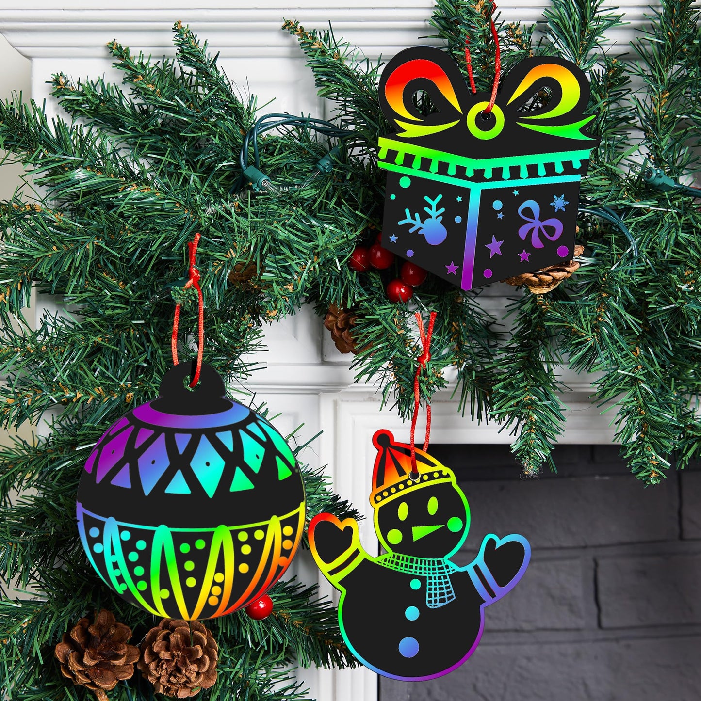 JOYIN 48 Pcs Christmas Scratch Art Ornaments, Rainbow Color Scratch Paper in Front Side & Coloring Card in Back Side, Scratch Off Kids Party Favors Supplies, Holiday DIY Art Craft Kit Activities Gifts