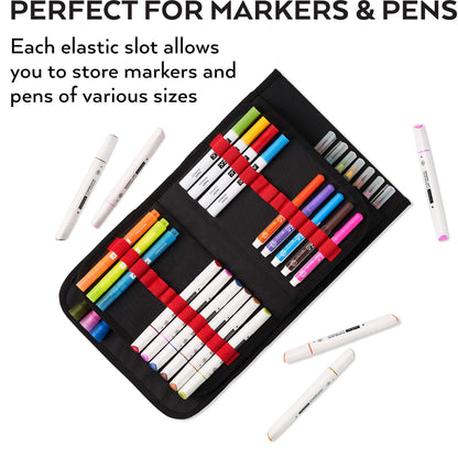 ARTEZA Art Markers & Pens Organizer (72 Slots), Carrying Case for Travel & Storage with Zipper Pocket, Handle, Removable & Adjustable Strap
