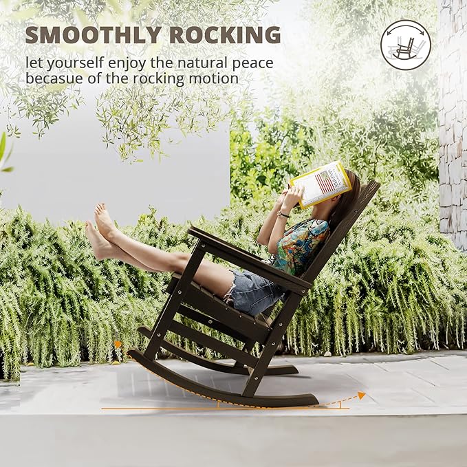 LUE BONA Outdoor Rocking Chairs Set, 3-Piece, Poly Porch Rockers with Table, Plastic Weather Resistant Rocking Chair Set for Outdoor Indoor, Garden, Backyard, 350lb, Brown, Chairs+Table