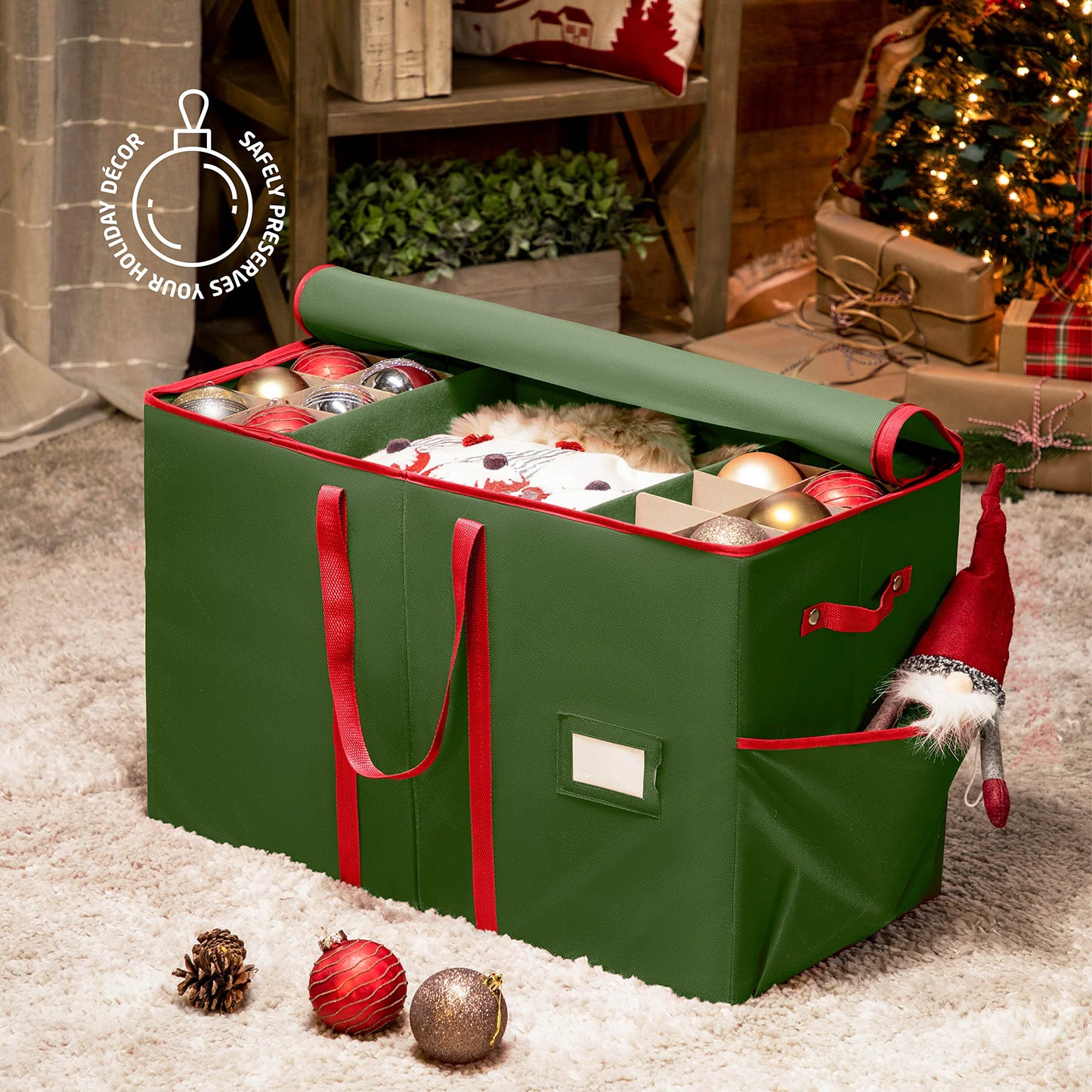 ZOBER Large Christmas Ornament Storage Box - Stores 80 3" Ornaments, With Dividers - With Large Compartment for Figurines, and Accessories, Durable Christmas Containers Holder, 4 Extra Pockets - Green