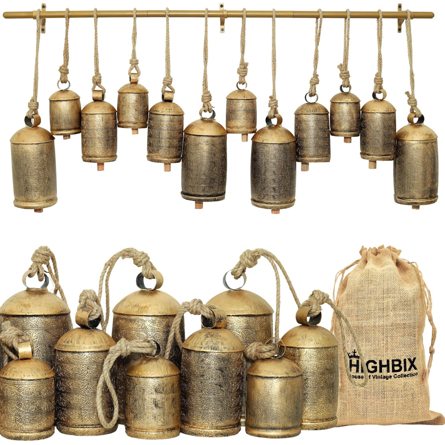 HIGHBIX Shabby Chic Floral Etching Bells on Metal Hanging Rod X-Large Handmade Farmhouse Decor, Garden Accents, and Christmas Holiday Decorations
