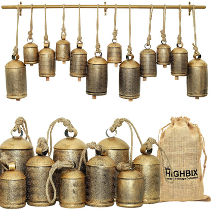 HIGHBIX Shabby Chic Floral Etching Bells on Metal Hanging Rod X-Large Handmade Farmhouse Decor, Garden Accents, and Christmas Holiday Decorations