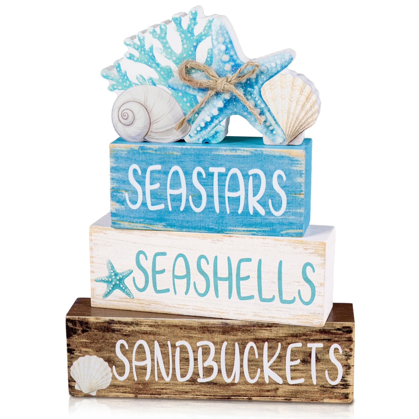 Beach Coastal Wooden Table Centerpieces Decorations for Home, Summer Ocean Blue and White Tabletop Signs Under the Sea Tiered Tray Sea Shell Party Decor for Mantel
