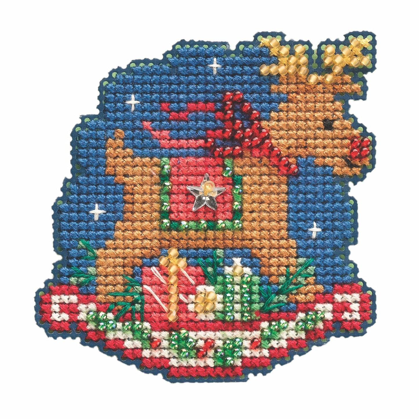 Rocking Reindeer Beaded Counted Cross Stitch Ornament Kit Mill Hill 2021 Winter Holiday MH182131, Multicolor