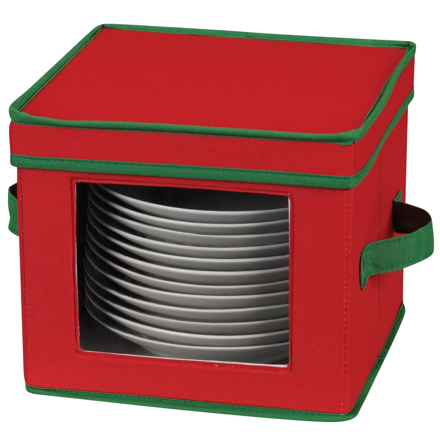 Household Essentials Holiday China Plate Storage Box, Salad Plate Storage, Windowed Panel, Stackable and Foldable Frame, Handles and Fully Removable Lid, Red with Green Trim