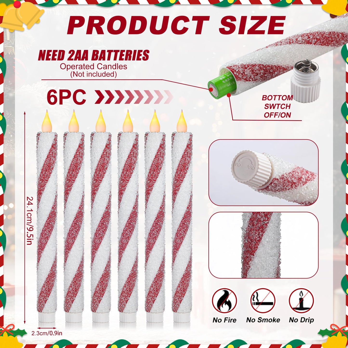 Christmas Flickering Flameless Taper Candles - 6PCS Glitter Candy Cane Red and White Stripes Sea Salt Real Wax Battery Operated Candles For Christmas Party Wedding Winter Home Decoration Xmas Decor