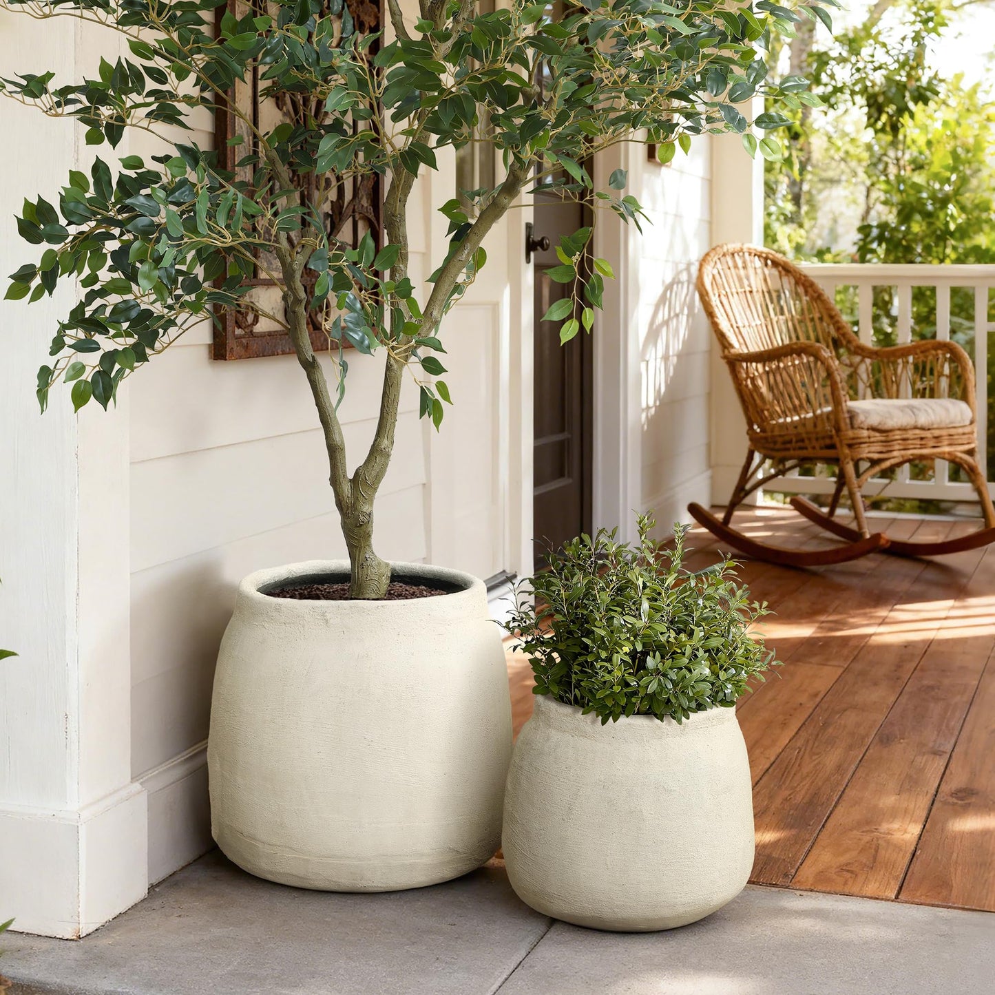 LuxenHome 12" Dia Cement Round Plant Pot, Beige Large Flower Pot with Drainage Hole, Rustic Decorative Planter Pots Indoor Outdoor for Home Garden Patio
